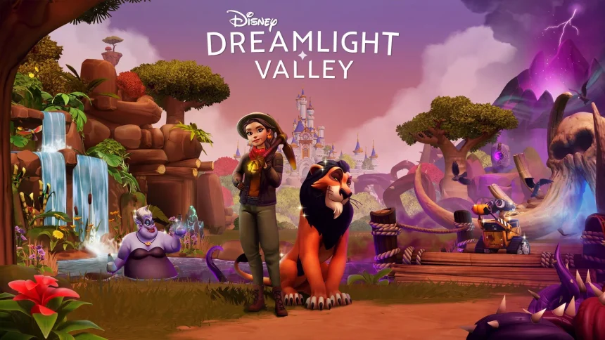 Disney Dreamlight Valley box art featuring a representation of the player character and Scar from the Lion King