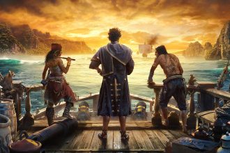 Promotional art for Skull and Bones with three pirates looking out into the horizon
