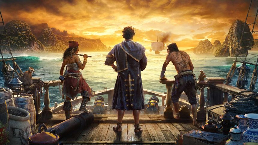 Promotional art for Skull and Bones with three pirates looking out into the horizon