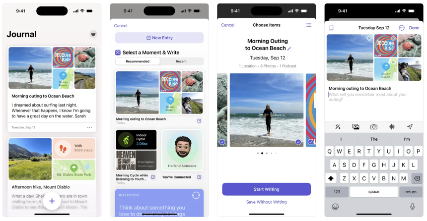 Four screenshots of the Journal app as shown in the iOS App Store