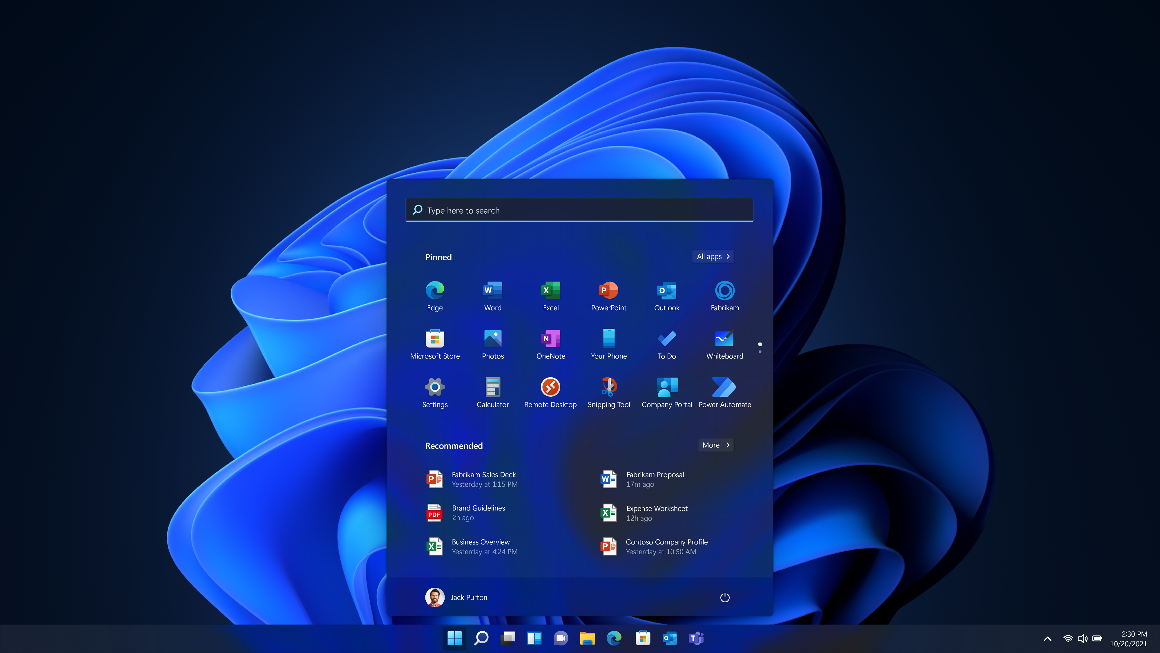 A screenshot of Windows 11 in dark mode with the start menu opened on an exposed desktop