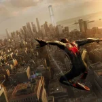 Spider-Man 2 promotional art featuring Miles Morales flying through the air.