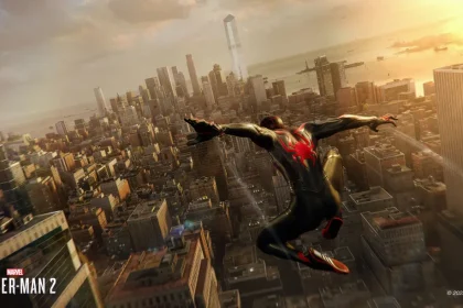 Spider-Man 2 promotional art featuring Miles Morales flying through the air.