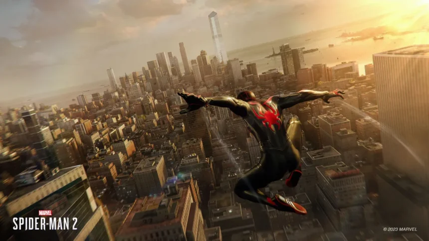 Spider-Man 2 promotional art featuring Miles Morales flying through the air.