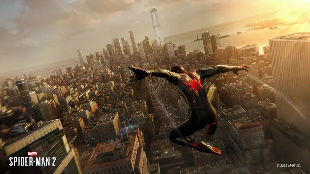 Spider-Man 2 promotional art featuring Miles Morales flying through the air.