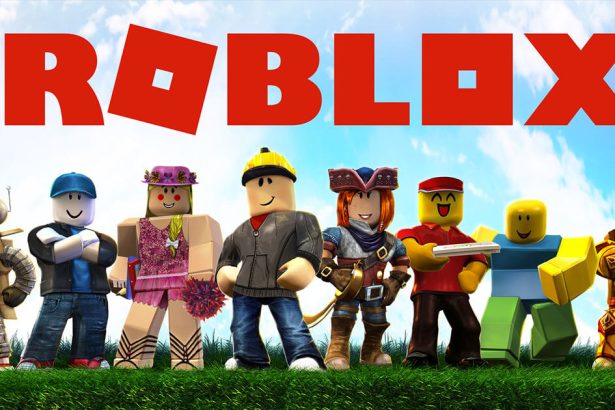 Roblox logo above several characters from the game.