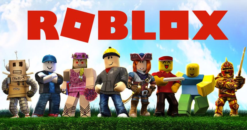 Roblox logo above several characters from the game.