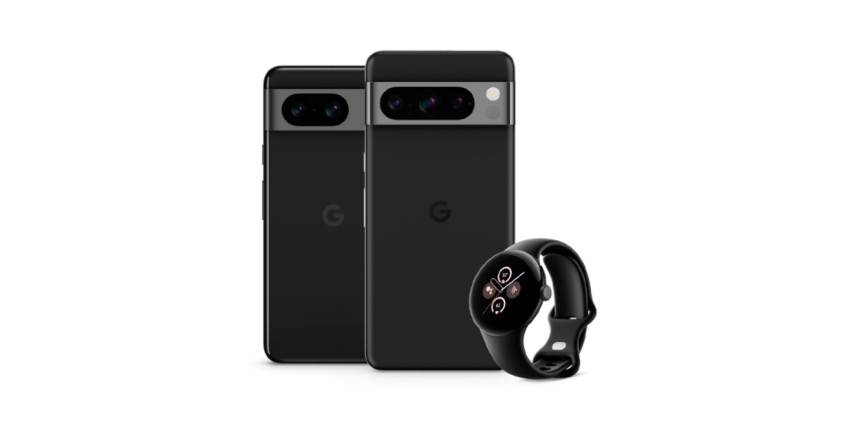A Google Pixel 8, Pixel 8 Pro, and Pixel Watch 2