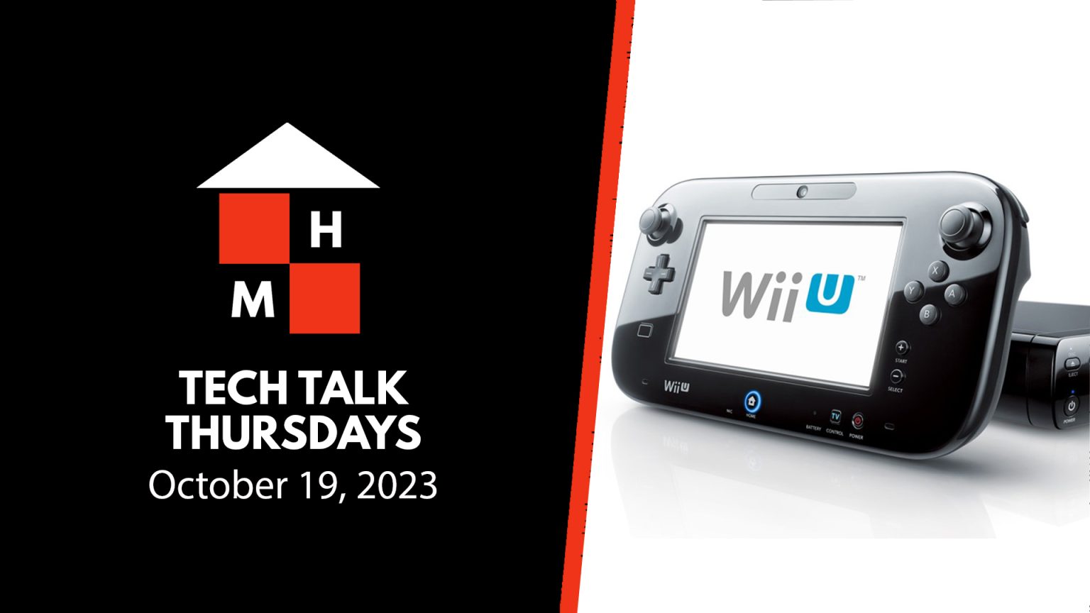 The podcast thumbnail featuring the Tech Talk Thursday logo and date (October 19, 2023) on the left and a black Wii U on the right.