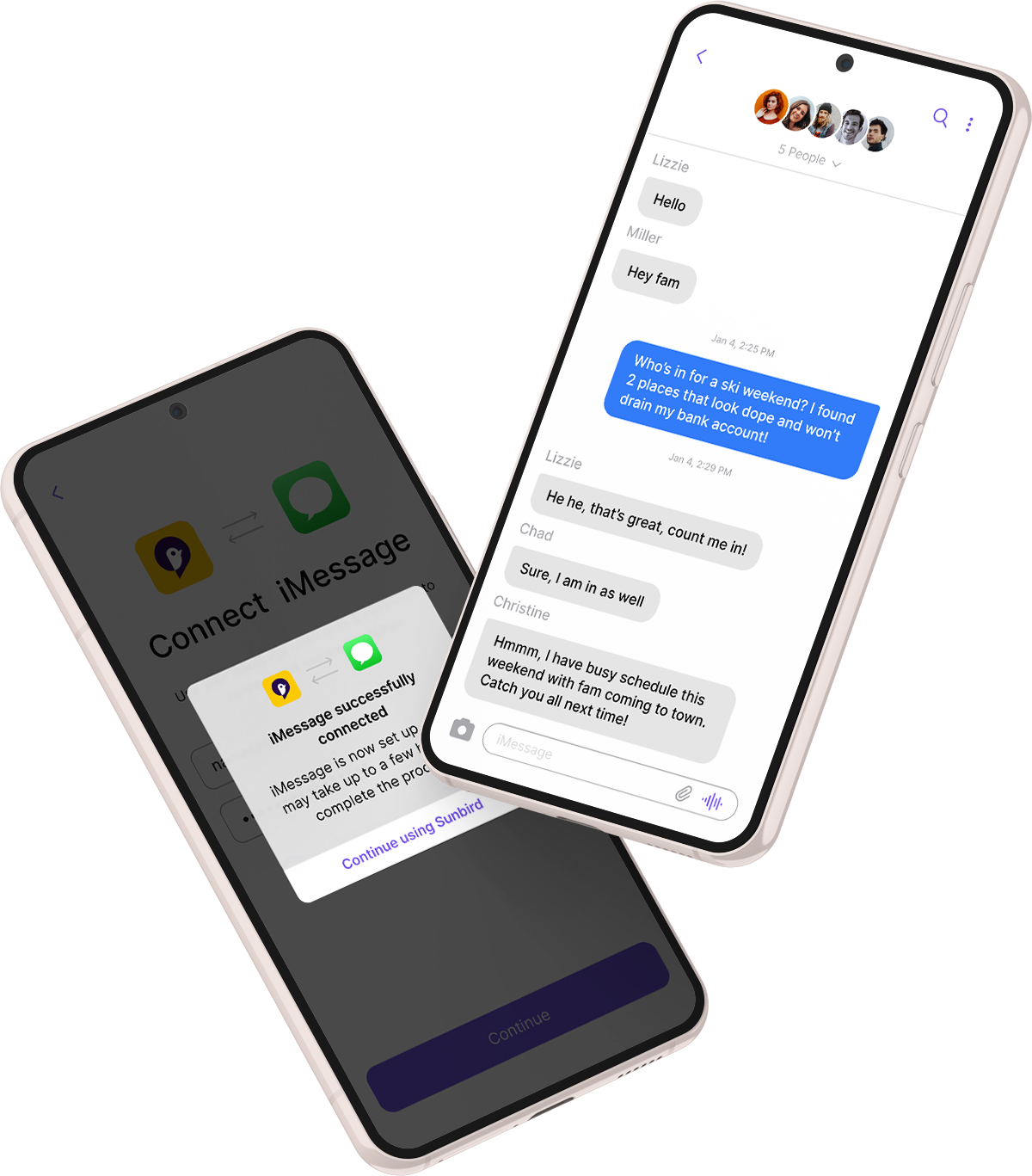 Two phones showing off the Sunbird app.