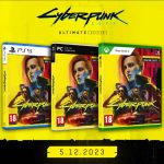 Cyberpunk 2077 Ultimate Edition promo showing the physical boxes for PS5, PC, and Xbox Series X|S