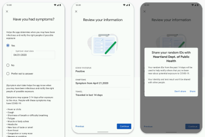 Screenshots from a COVID exposure app