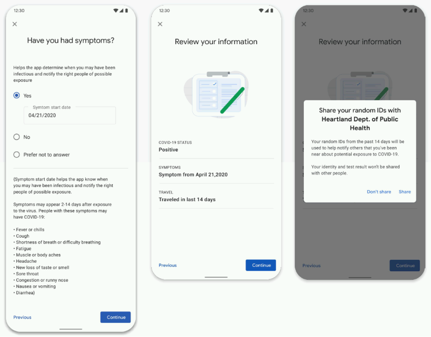 Screenshots from a COVID exposure app