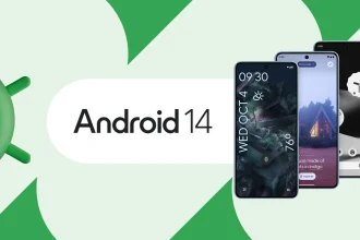 An Android 14 promotional image with three Pixel devices showing screenshots from the OS.