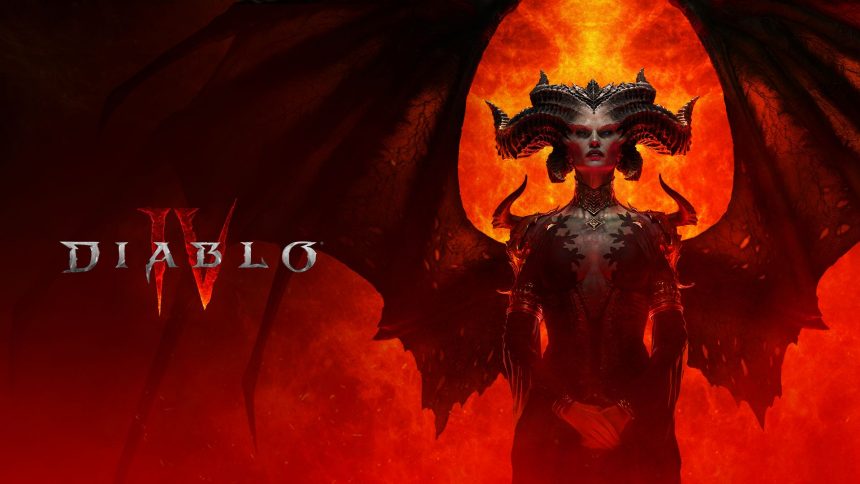 Diablo 4 promotional poster featuring Lilith on the right side.