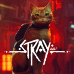 Stray box art featuring orange cat with backpack.