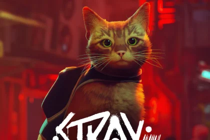 Stray box art featuring orange cat with backpack.