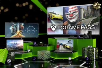 A holiday themed promotional image showcasing PC Game Pass and Nvidia GeForce Now.