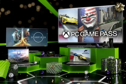 A holiday themed promotional image showcasing PC Game Pass and Nvidia GeForce Now.