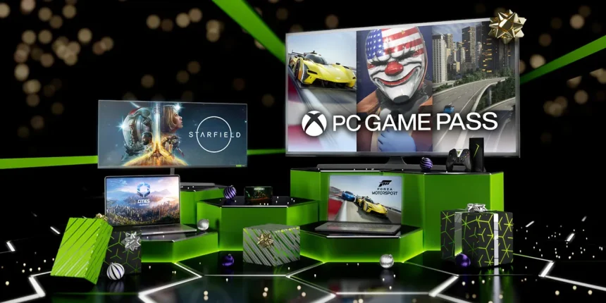 A holiday themed promotional image showcasing PC Game Pass and Nvidia GeForce Now.