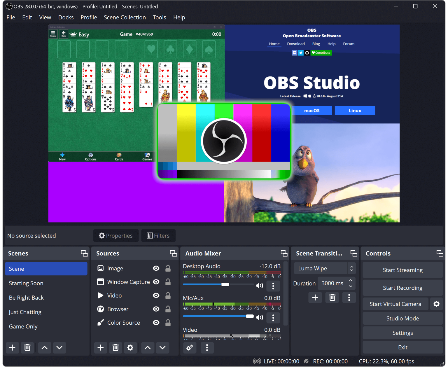 A screenshot of OBS Studio running multiple sources
