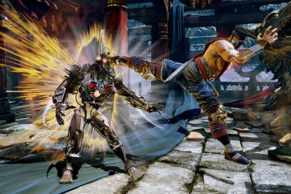 A screenshot from Killer Instinct where Jago is kicking Fulgore in the head.