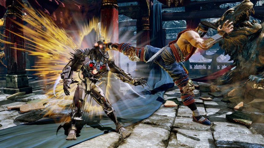A screenshot from Killer Instinct where Jago is kicking Fulgore in the head.