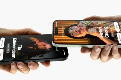 Two iPhones sharing contacts via NameDrop