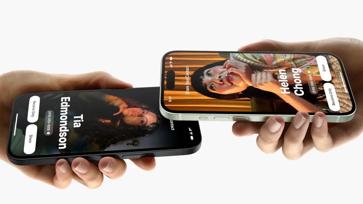 Two iPhones sharing contacts via NameDrop