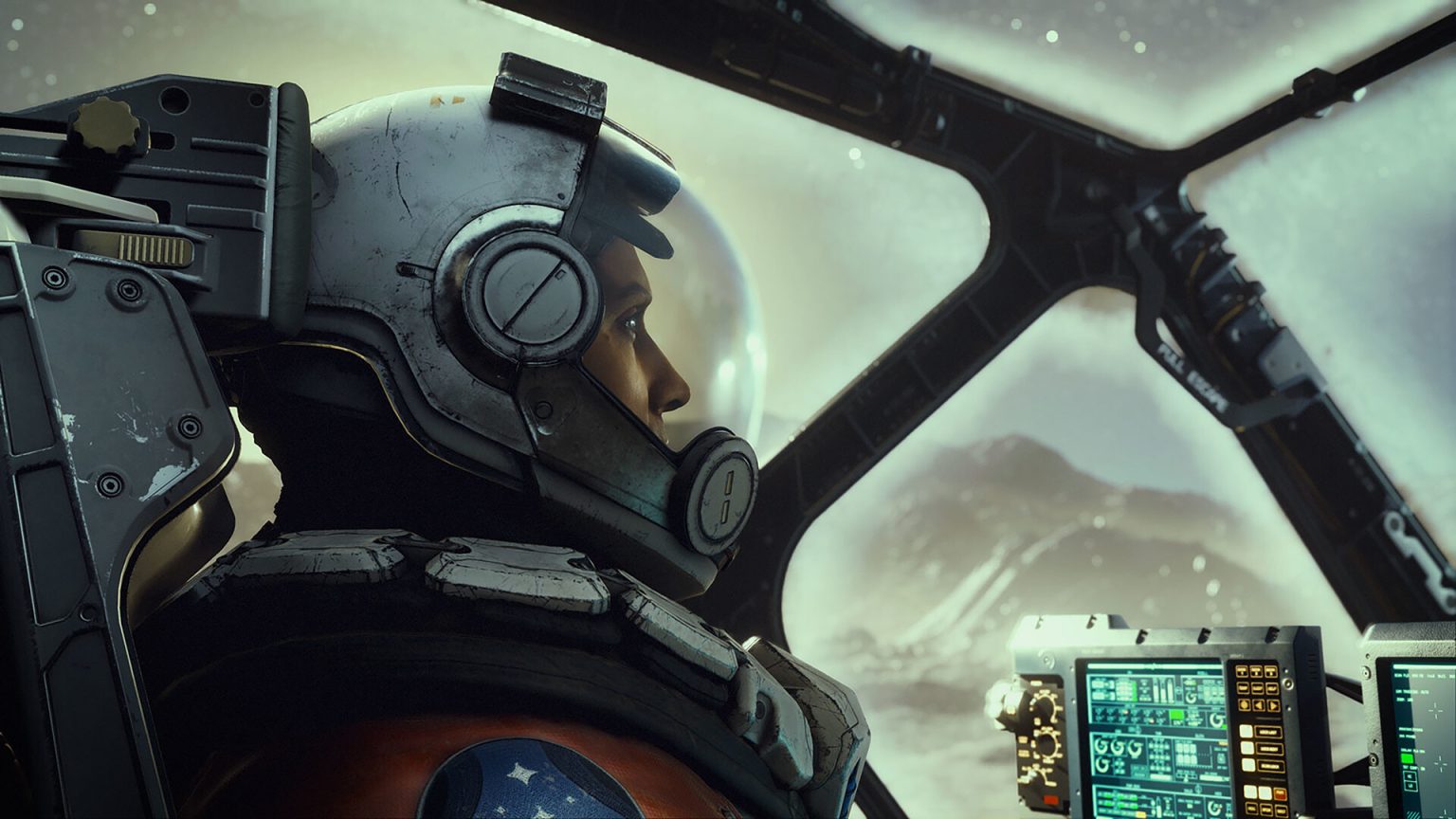 Starfield character in a spacesuit sitting in a spaceship cockpit looking outward.