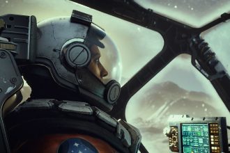 Starfield character in a spacesuit sitting in a spaceship cockpit looking outward.
