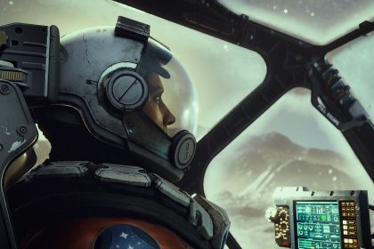 Starfield character in a spacesuit sitting in a spaceship cockpit looking outward.