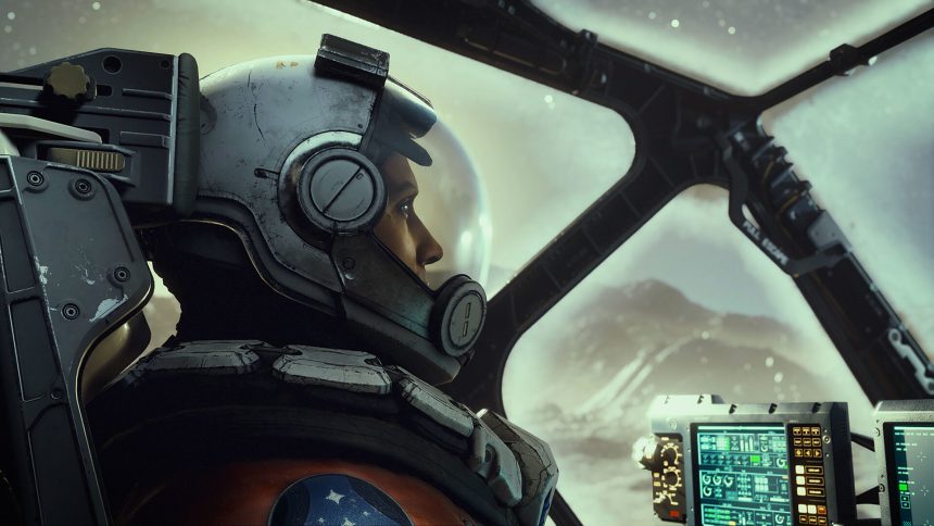 Starfield character in a spacesuit sitting in a spaceship cockpit looking outward.