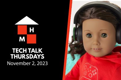 A split thumbnail with the Tech Talk Thursdays logo and date (November 2, 2023) on the left and an American Girl doll on the left.