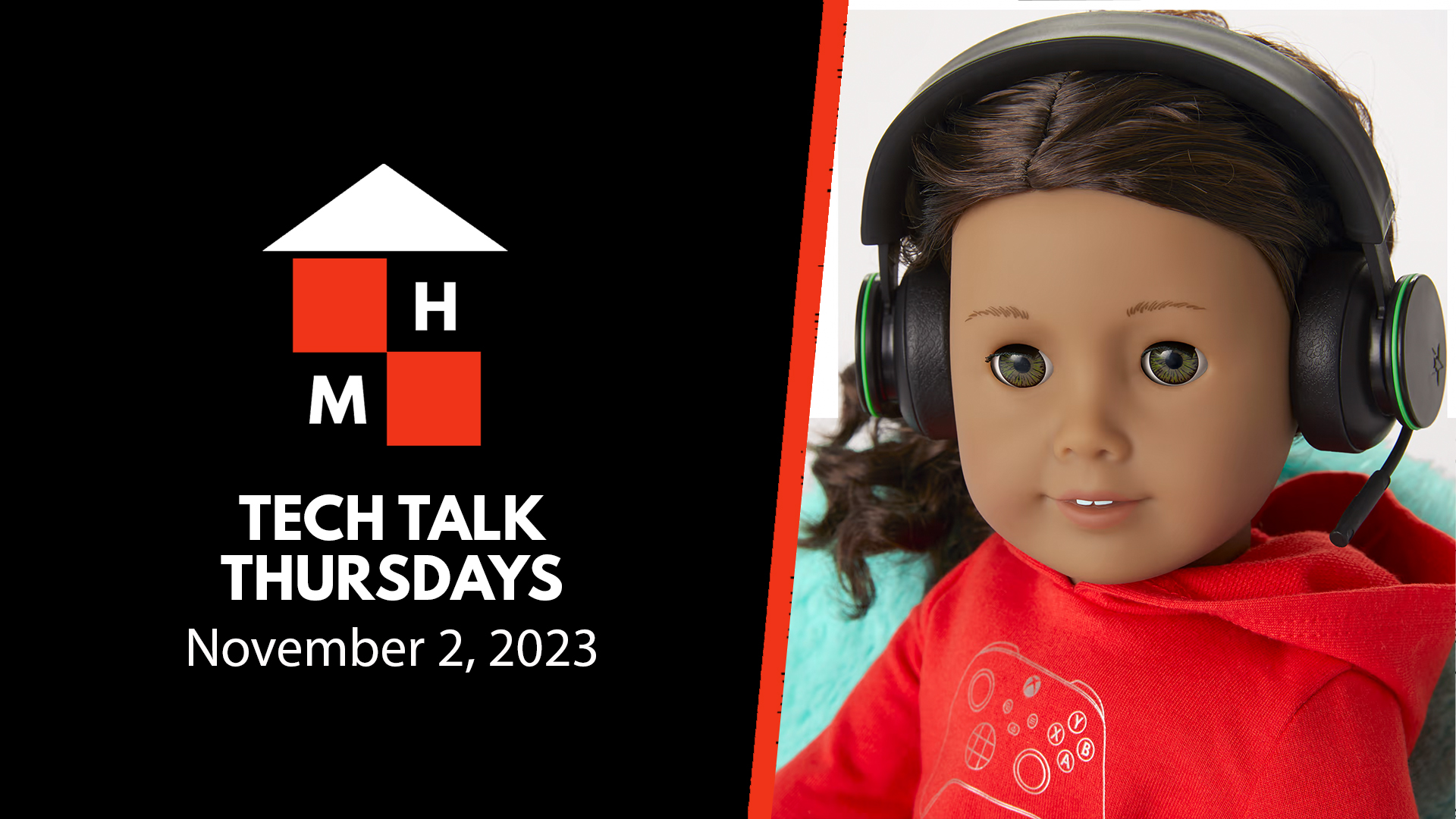 A split thumbnail with the Tech Talk Thursdays logo and date (November 2, 2023) on the left and an American Girl doll on the left.