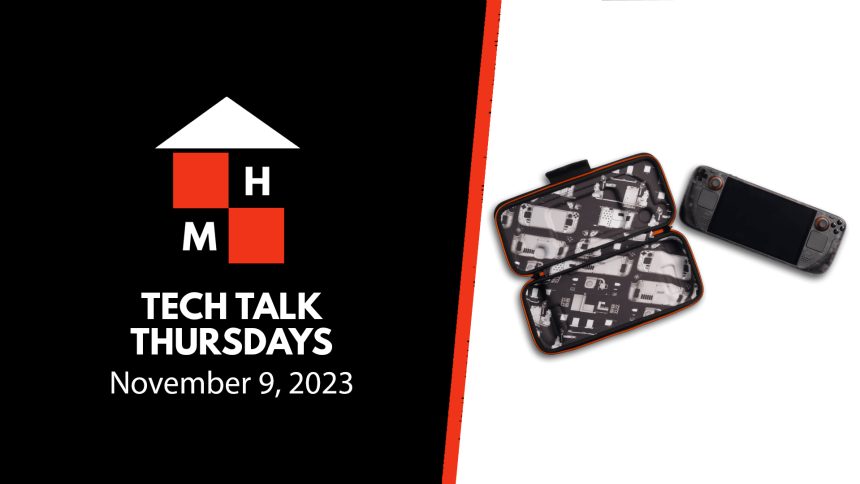 A split thumbnail featuring the Tech Talk Thursdays logo and date (November 9, 2023) on the left and the Steam Deck OLED Limited Edition and carrying case on the right.