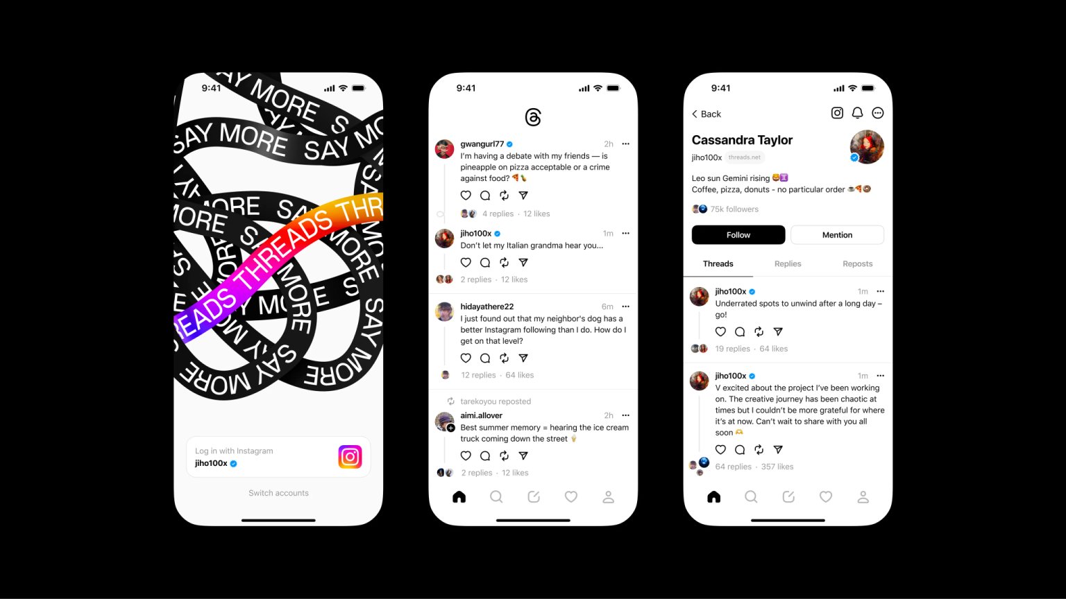 Three phones showing three different screenshots from Threads