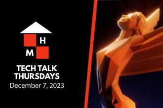 A split thumbnail featuring the Tech Talk Thursdays logo and date (December 7, 2023) on the left and The Game Awards statue on the right.
