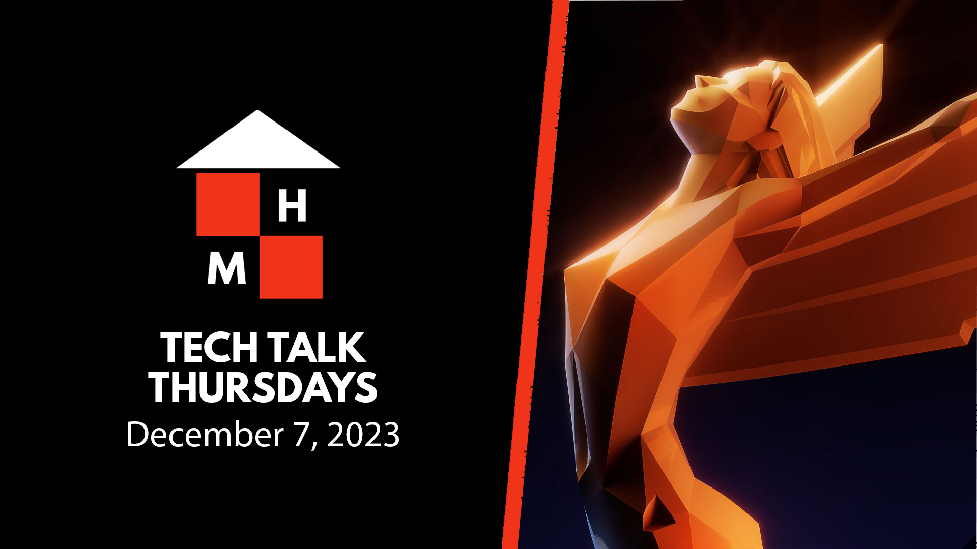 A split thumbnail featuring the Tech Talk Thursdays logo and date (December 7, 2023) on the left and The Game Awards statue on the right.