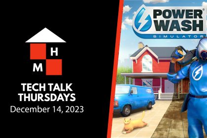 A split thumbnail featuring the Tech Talk Thursdays logo and date (December 14, 2023) on the left and the box art for Powerwash Simulator on the right.