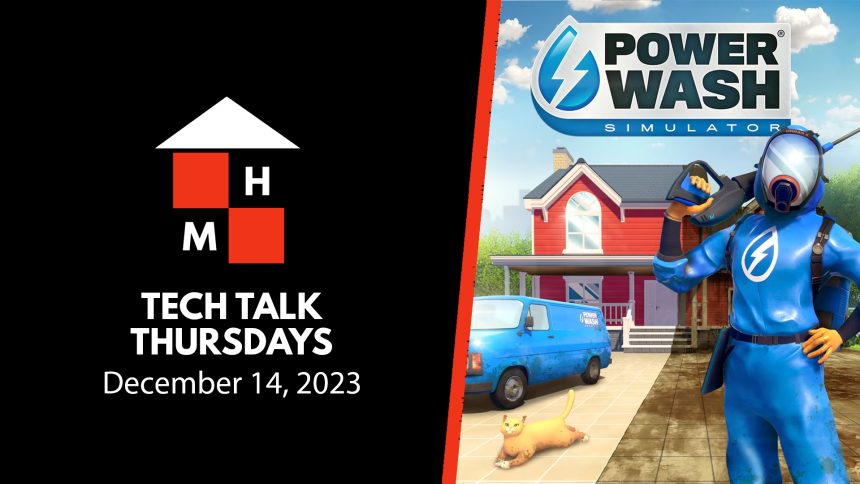 A split thumbnail featuring the Tech Talk Thursdays logo and date (December 14, 2023) on the left and the box art for Powerwash Simulator on the right.