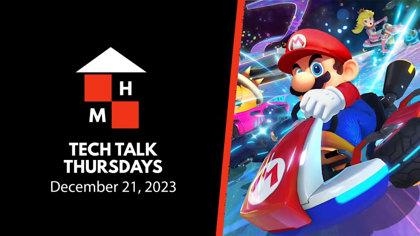 A split thumbnail featuring the Tech Talk Thursdays logo and date (December 21, 2023) on the left and promotional art from Mario Kart 8 Deluxe on the right.