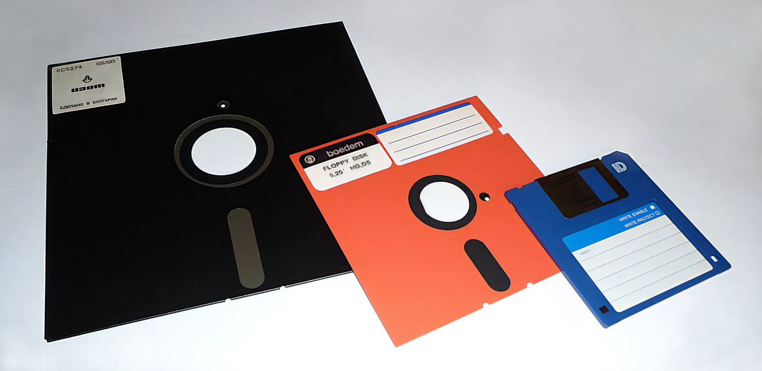 Floppy disks varying in size.