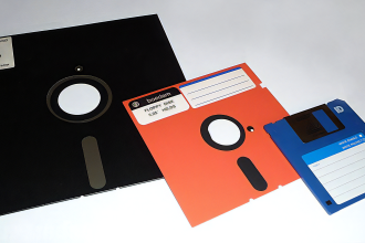 Floppy disks varying in size.