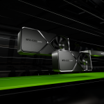 stylized image of NVIDIA Super graphics cards flying with speed lines.