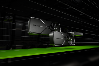 stylized image of NVIDIA Super graphics cards flying with speed lines.