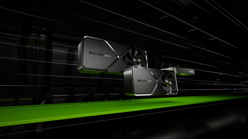 stylized image of NVIDIA Super graphics cards flying with speed lines.