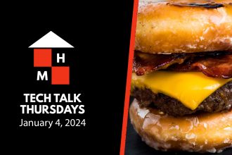 A split thumbnail featuring the Tech Talk Thursdays logo and date (January 4, 2024) on the left and the Luther burger on the right.