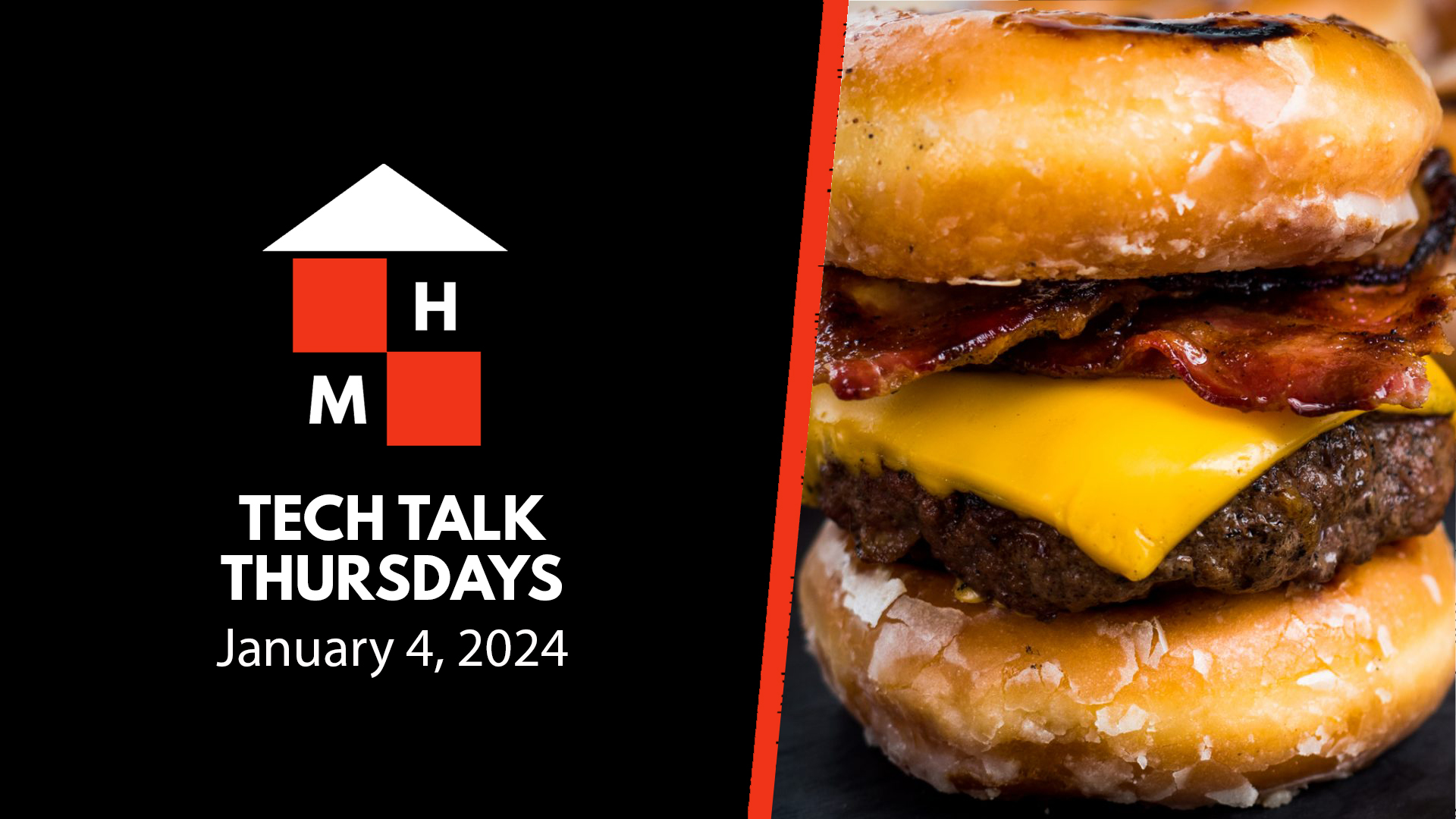 A split thumbnail featuring the Tech Talk Thursdays logo and date (January 4, 2024) on the left and the Luther burger on the right.