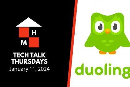 A split thumbnail featuring the Tech Talk Thursdays logo and date on the left and the Duolingo logo on the right.